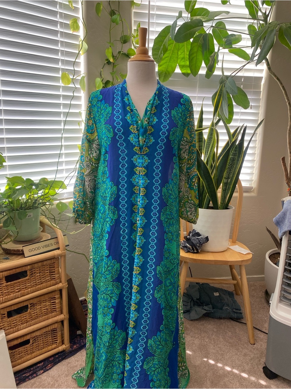 Johnny Was Blue & Green Floral Maxi Dress with Button-Front